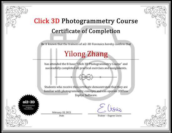 Click3D 测量摄影课程完成证书